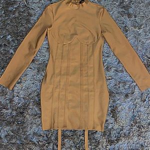 TAN LONG SLEEVE DETAILED DRESS